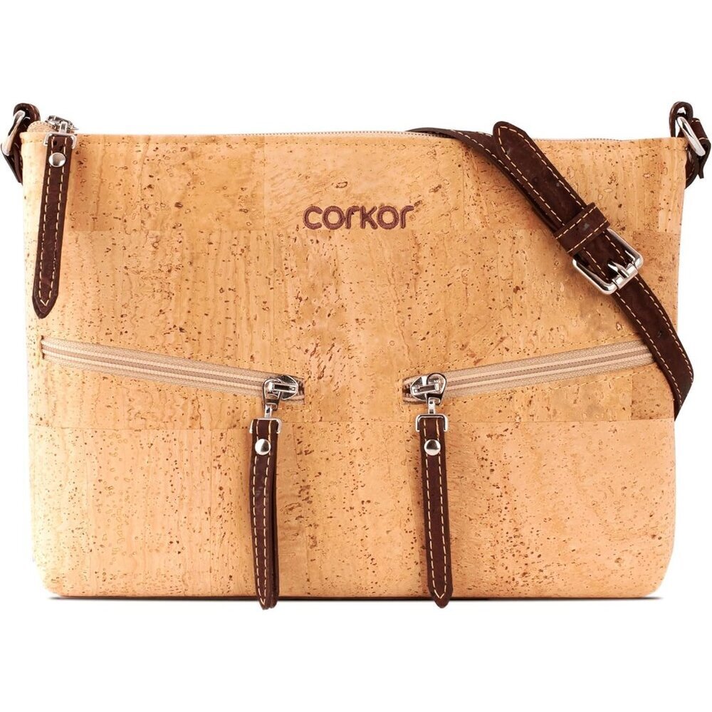 Cork Crossbody Purse Women Vegan Leather Light Brown Compact Spacious